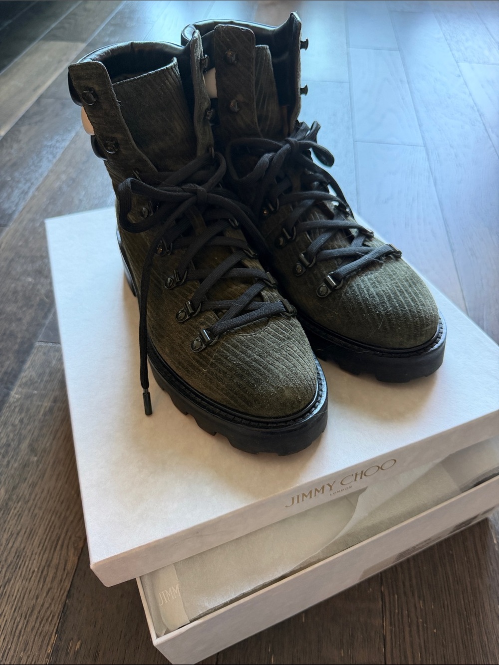Jimmy Choo Olive Quilted Lace-Up Lug Sole Boots